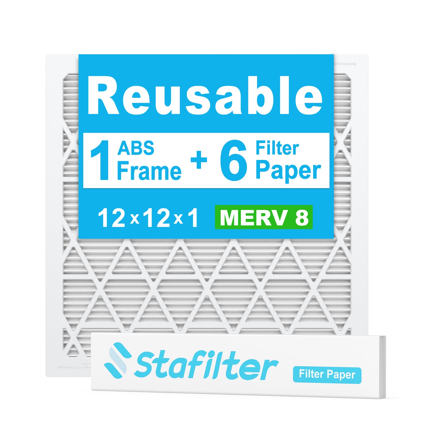 12*12*1 - Reusable Air Filter, MERV 8, 6 Pack Replaceable Filter Media + 1 Reusable ABS Plastic Frame