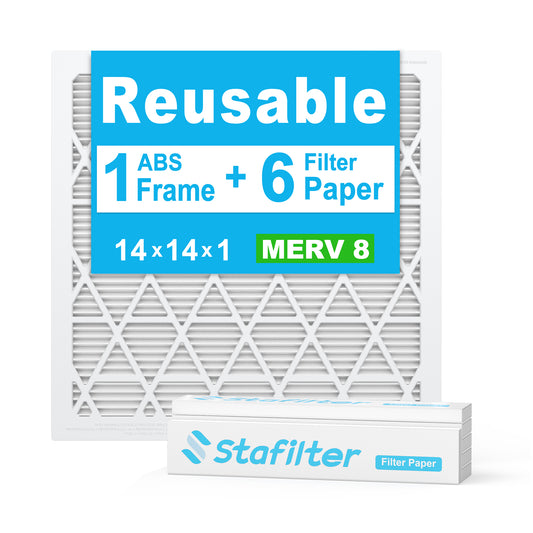 14*14*1 - Reusable Air Filter, MERV 8, 6 Pack Replaceable Filter Media + 1 Reusable ABS Plastic Frame