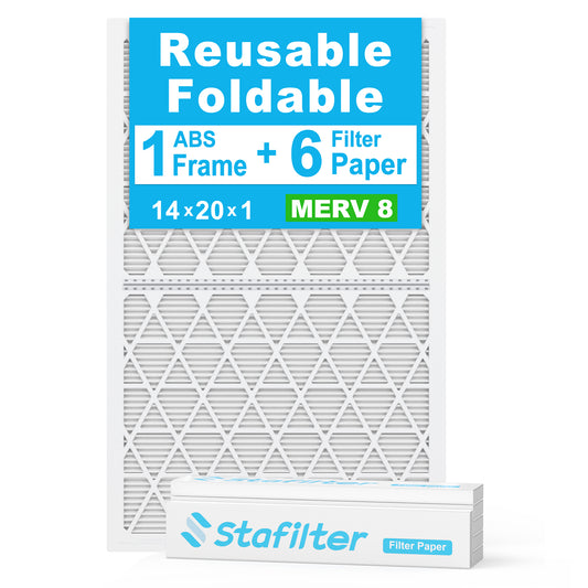 14*20*1 - Reusable Air Filter, MERV 8, 6 Pack Replaceable Filter Media + 1 Reusable ABS Plastic Frame