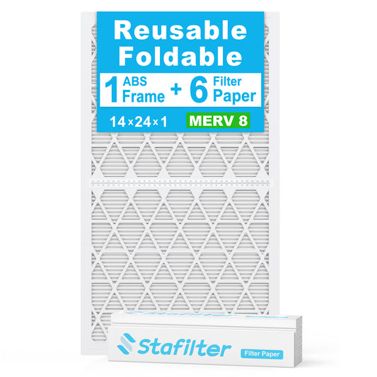 14*24*1 - Reusable Air Filter, MERV 8, 6 Pack Replaceable Filter Media + 1 Reusable ABS Plastic Frame