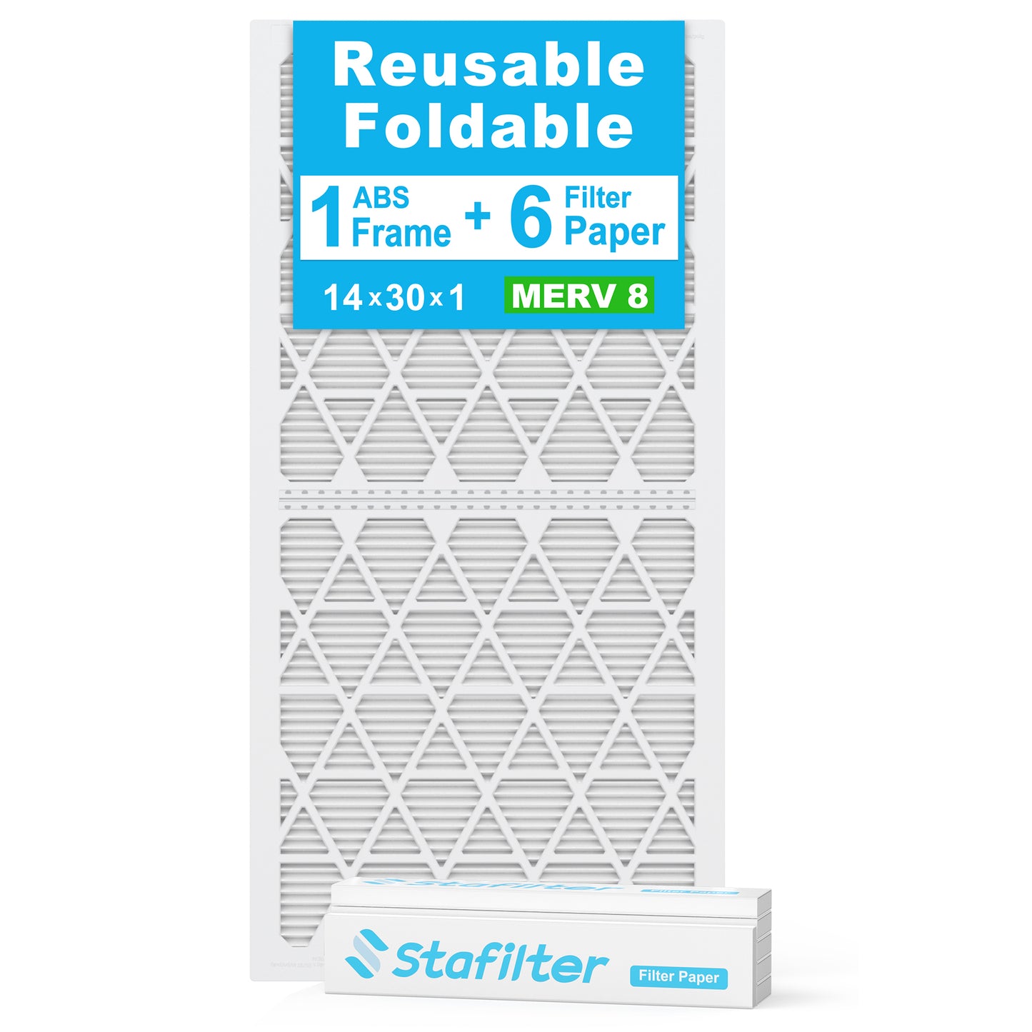 14*30*1 - Reusable Air Filter, MERV 8, 6 Pack Replaceable Filter Media + 1 Reusable ABS Plastic Frame