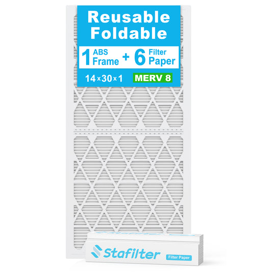 14*30*1 - Reusable Air Filter, MERV 8, 6 Pack Replaceable Filter Media + 1 Reusable ABS Plastic Frame