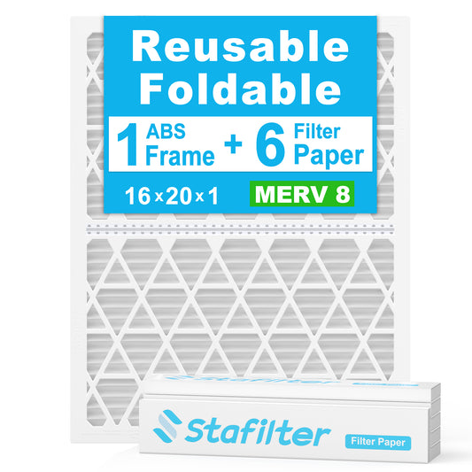 16*20*1 - Reusable Air Filter, MERV 8, 6 Pack Replaceable Filter Media + 1 Reusable ABS Plastic Frame