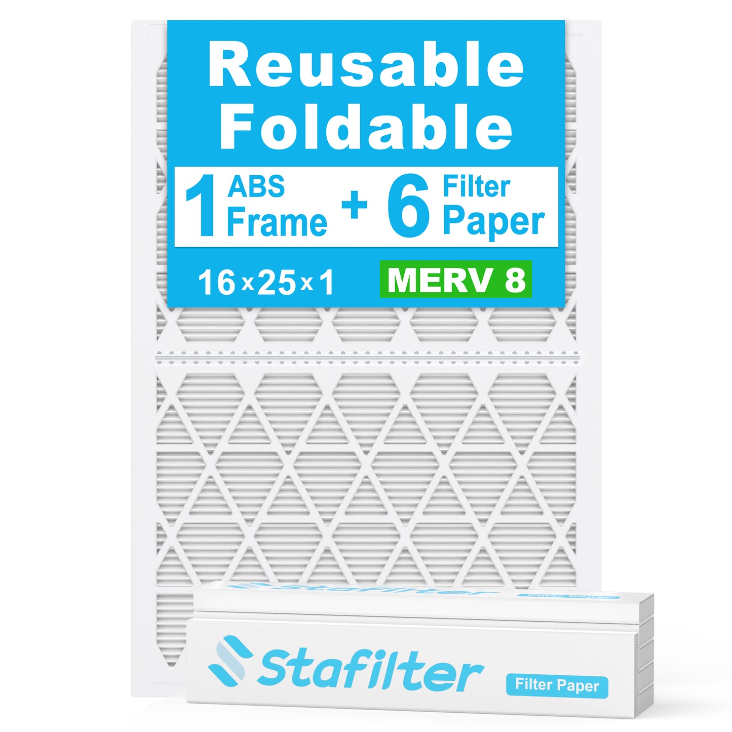 16*25*1 - Reusable Air Filter, MERV 8, 6 Pack Replaceable Filter Media + 1 Reusable ABS Plastic Frame