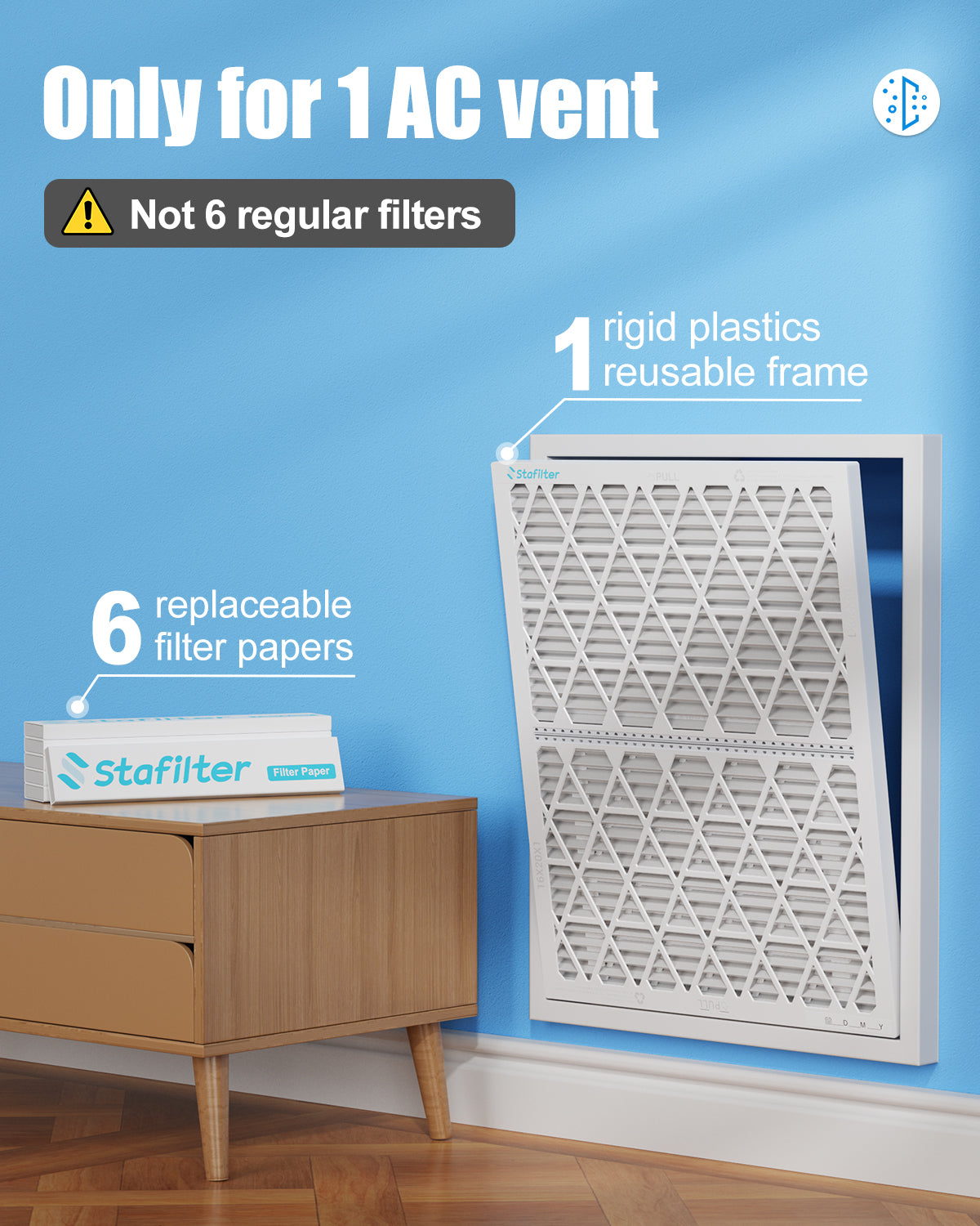 14*30*1 - Reusable Air Filter, MERV 8, 1 Pack Replaceable Filter Media + 1 Reusable ABS Plastic Frame
