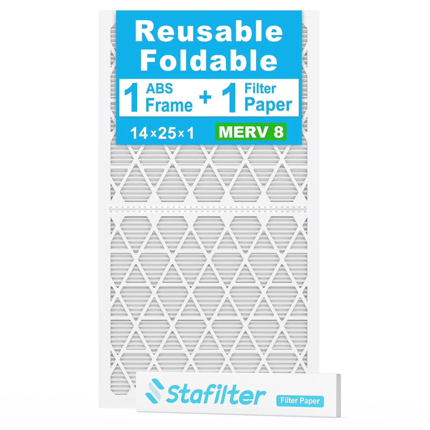 14*25*1 - Reusable Air Filter, MERV 8, 1 Pack Replaceable Filter Media + 1 Reusable ABS Plastic Frame