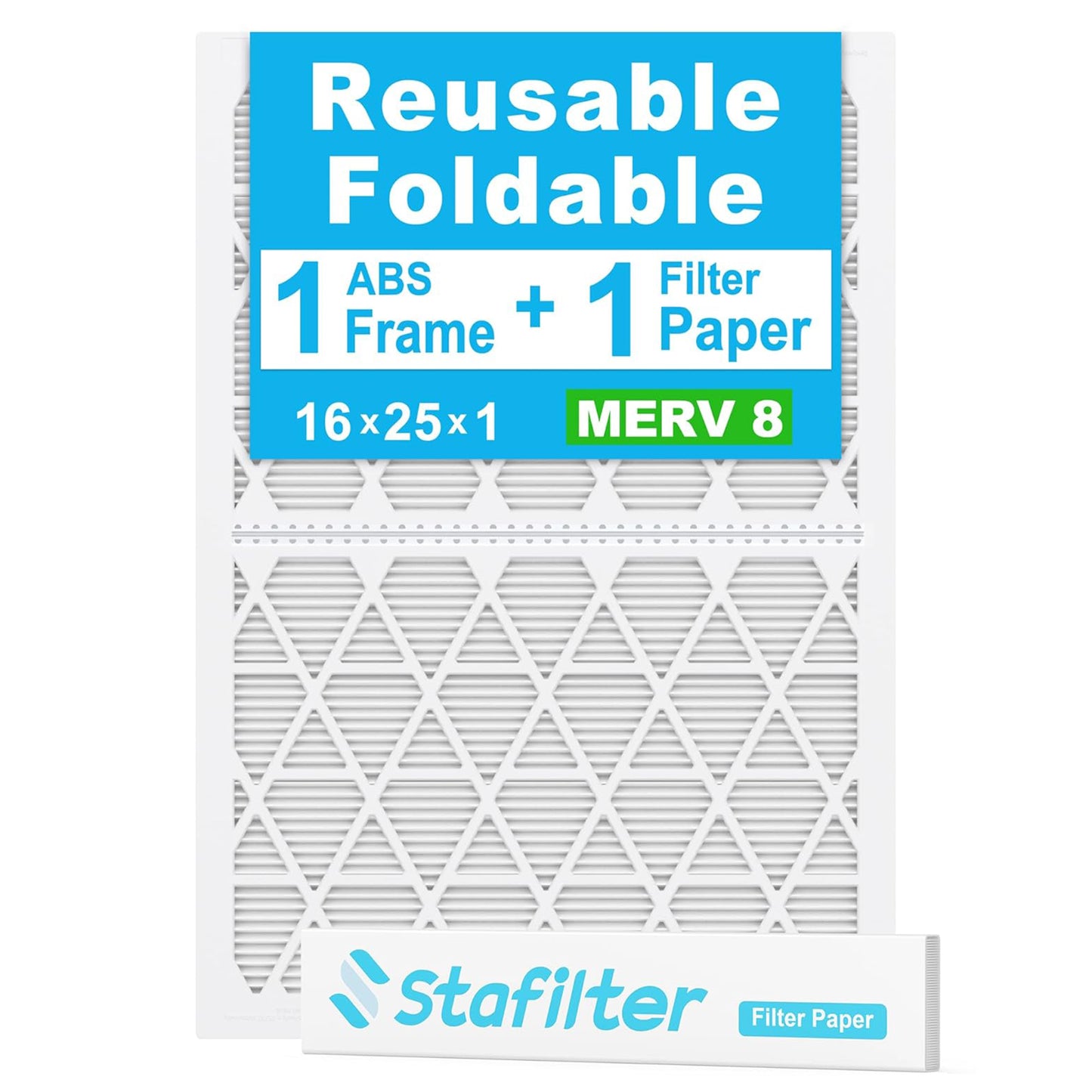 16*25*1 - Reusable Air Filter, MERV 8, 1 Pack Replaceable Filter Media + 1 Reusable ABS Plastic Frame