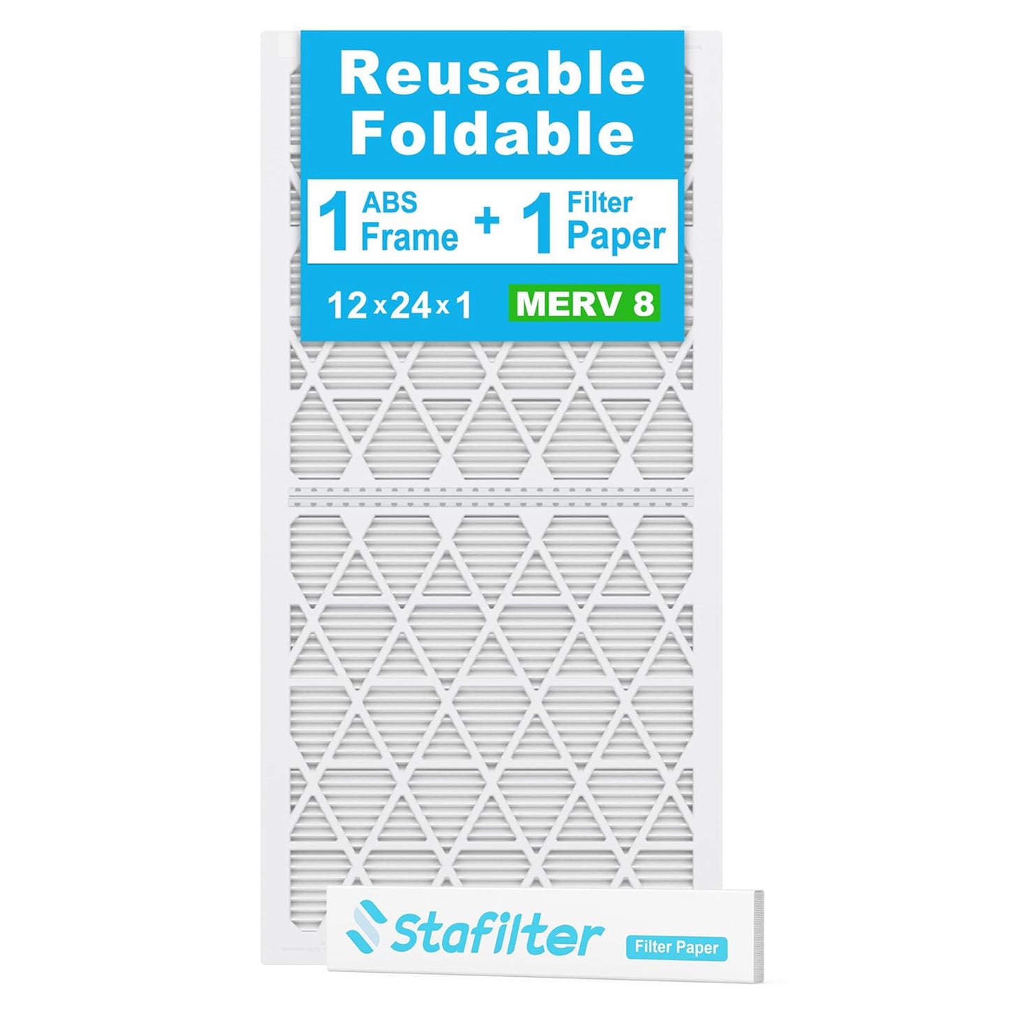12*24*1 - Reusable Air Filter, MERV 8, 1 Pack Replaceable Filter Media + 1 Reusable ABS Plastic Frame