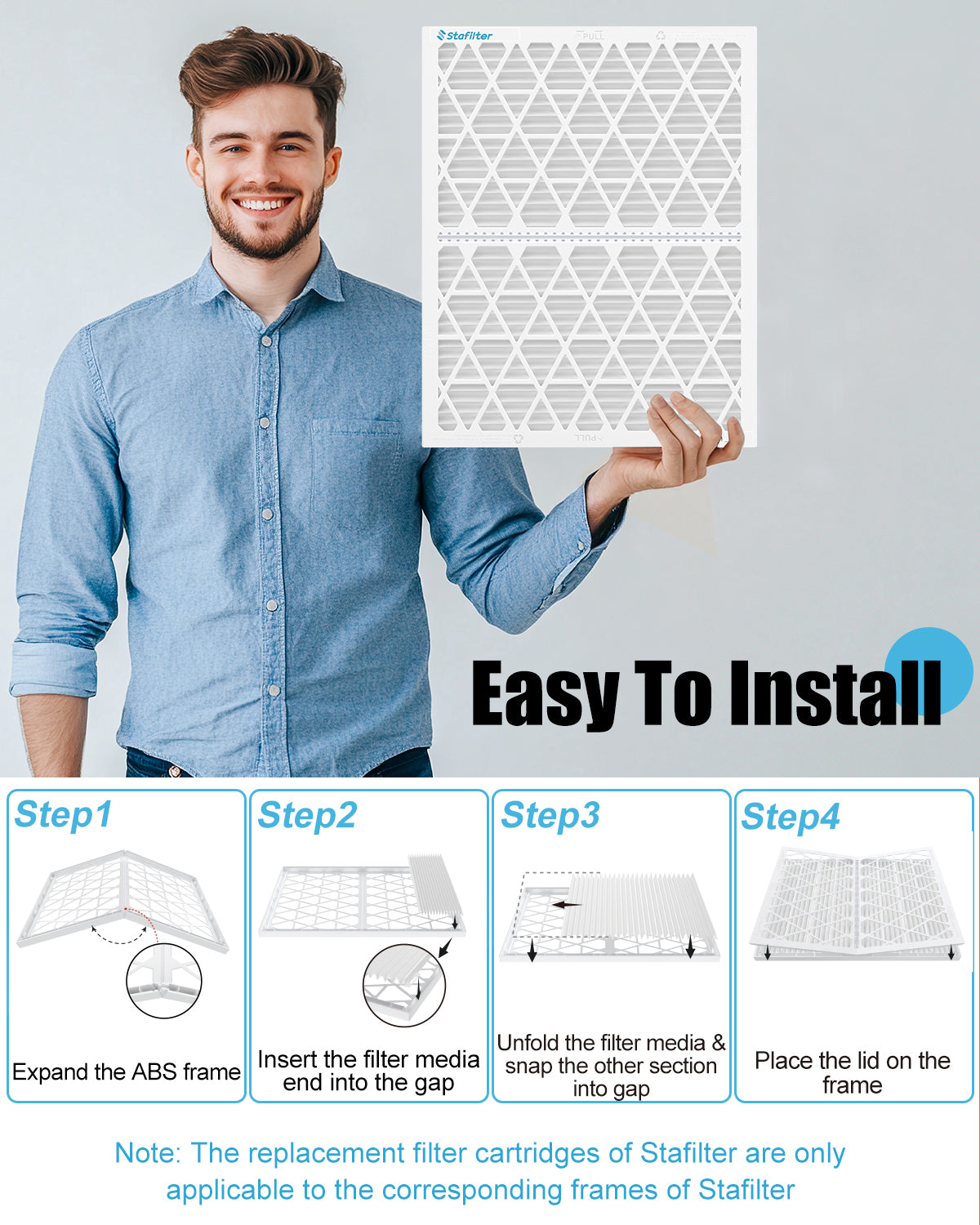 14*30*1 - Reusable Air Filter, MERV 8, 1 Pack Replaceable Filter Media + 1 Reusable ABS Plastic Frame