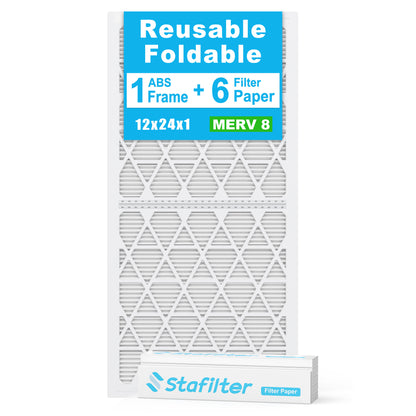 12*24*1 - Reusable Air Filter, MERV 8, 6 Pack Replaceable Filter Media + 1 Reusable ABS Plastic Frame
