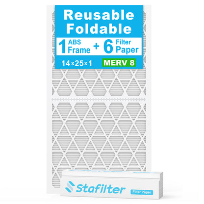 14*25*1 - Reusable Air Filter, MERV 8, 6 Pack Replaceable Filter Media + 1 Reusable ABS Plastic Frame