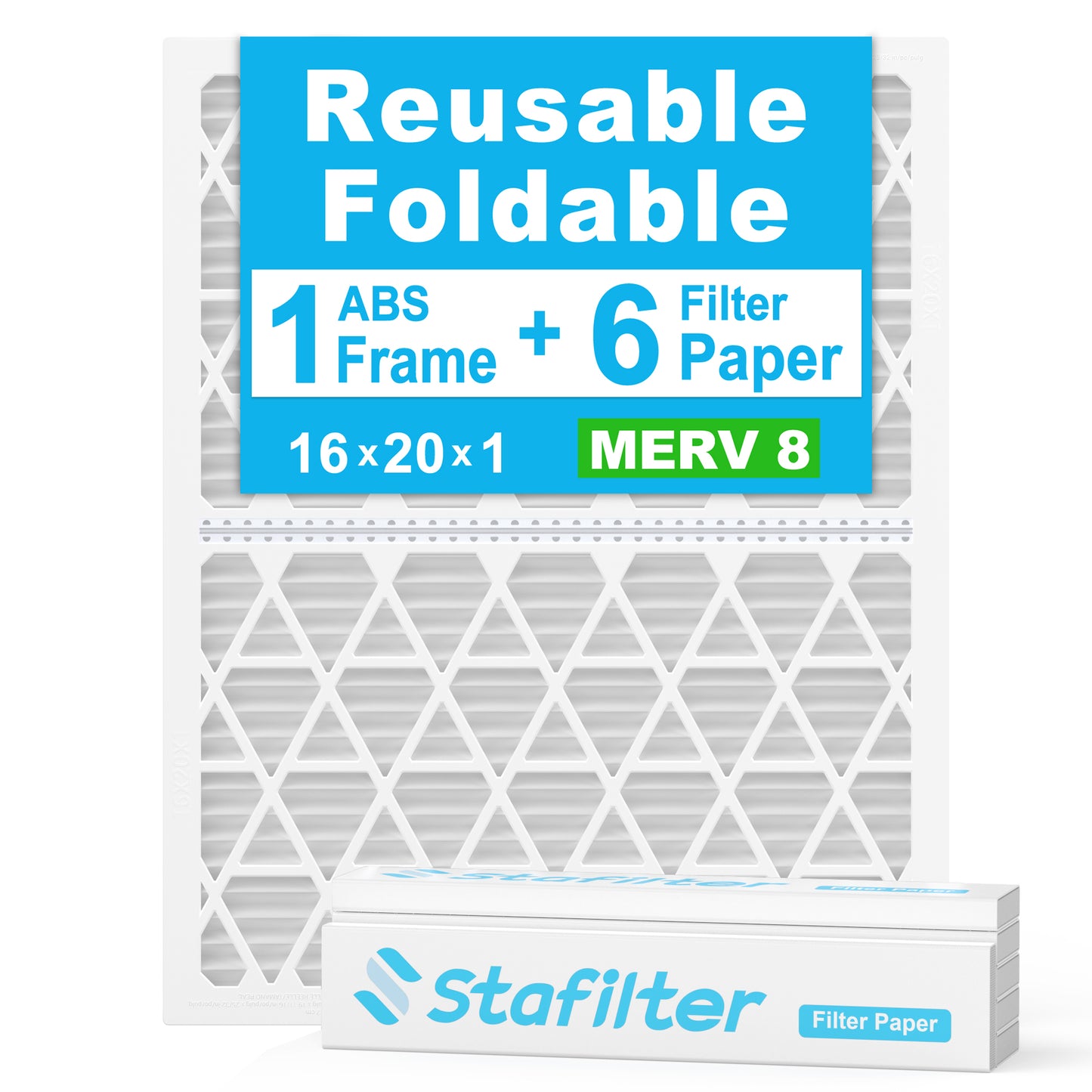 16*20*1 - Reusable Air Filter, MERV 8, 6 Pack Replaceable Filter Media + 1 Reusable ABS Plastic Frame