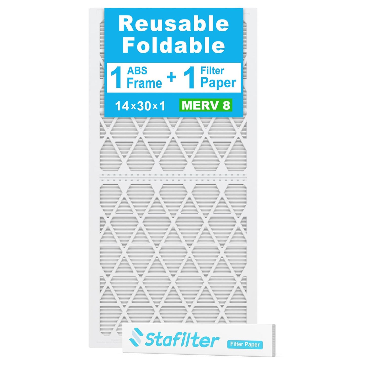 14*30*1 - Reusable Air Filter, MERV 8, 1 Pack Replaceable Filter Media + 1 Reusable ABS Plastic Frame