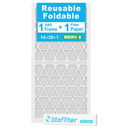 14*30*1 - Reusable Air Filter, MERV 8, 1 Pack Replaceable Filter Media + 1 Reusable ABS Plastic Frame